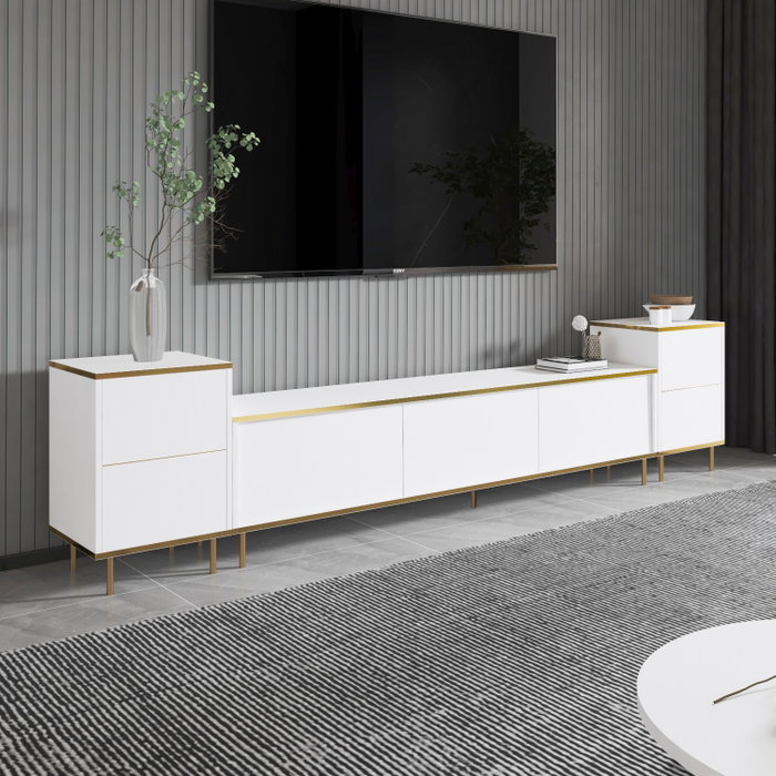 Hanah Home Mueble de TV 180 cm Blanco y Dorado con Armarios y Estantes